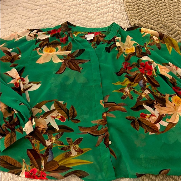 Chico's Tops - Chico's Green Floral Top with Red and Brown Accents